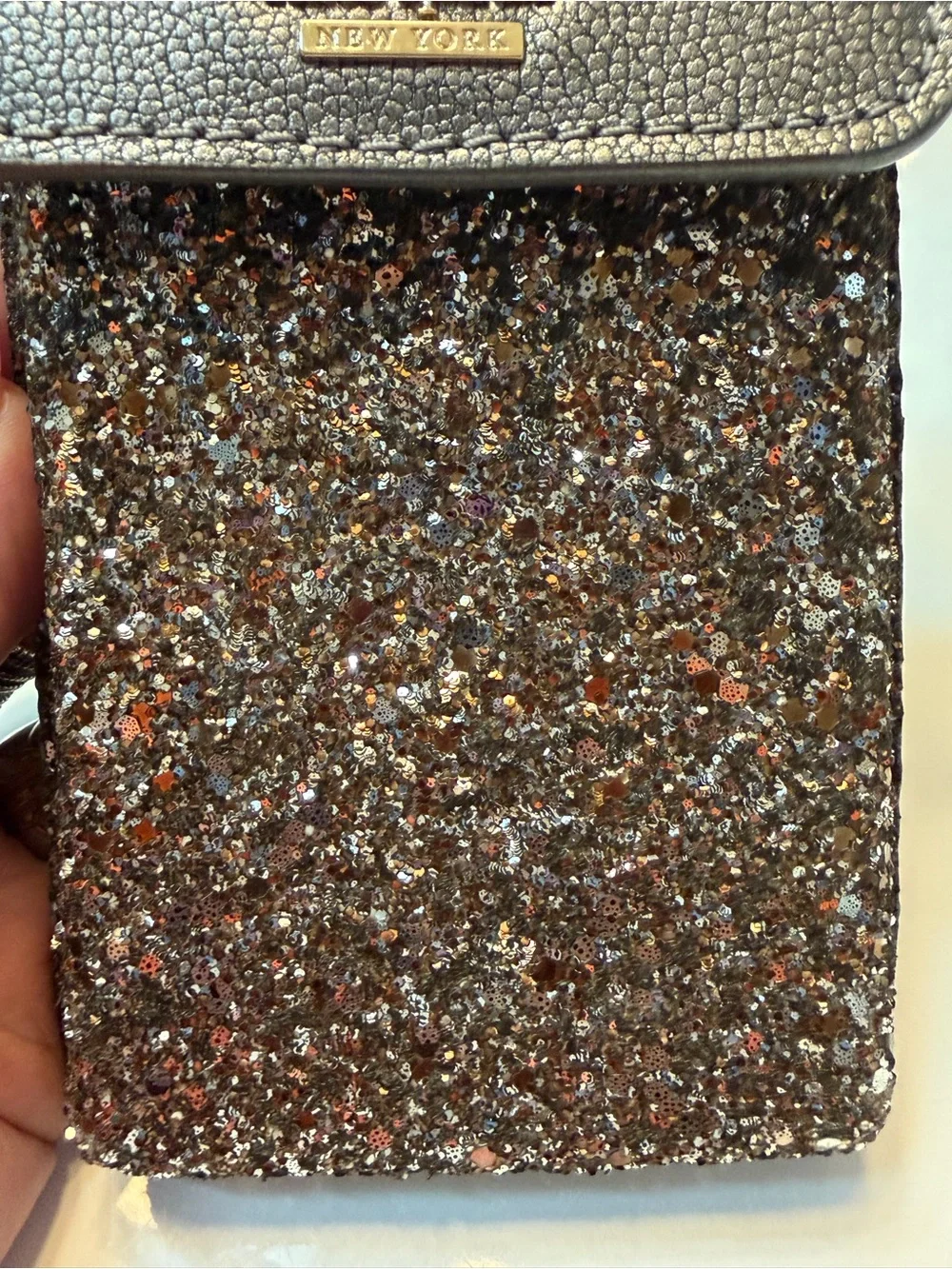 #792 kate spade Metallic Charcoal Pebbled Leather Phone Pouch with Glitter Trim